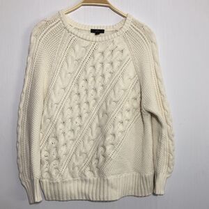 J.CREW Sweater Womens Large Cream Diagonal Cable Knit Crewneck Chunky 3D